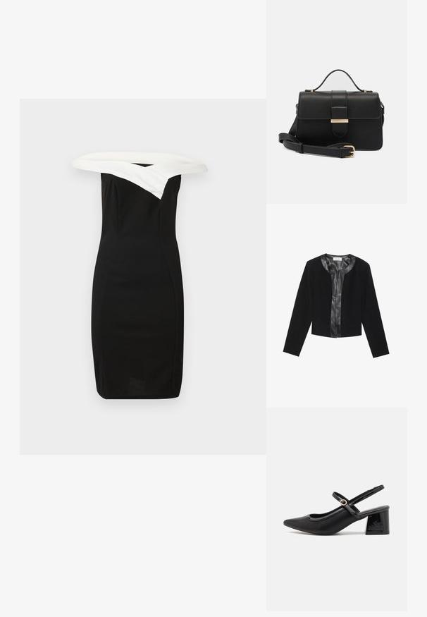Sort cropped jakke med lange ærmer, der har et glat læderforreste panel og en tekstureret stofkrop. Rund halsudskæring, ingen lukninger.; Sort tætsiddende kjole med en hvid off-the-shoulder krave, strømlinet design og glat tekstur, der fremhæver en moderne silhuet.; Sorte patentlæder slingback hæle med spids tå, rund udskæring og blokhæl. Har en guldtonet spændeaccents.; Sort læderhåndtaske med gyldne metalaccenter, rektangulær form, flaplukning, justerbar skulderrem, glat tekstur, minimalistisk design.