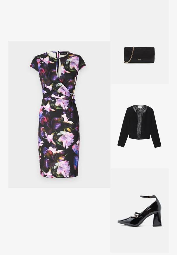Veste noire courte avec des manches longues, présentant un panneau avant en cuir lisse et un corps en tissu texturé. Encolure ronde, sans fermetures.; Robe florale avec un fond noir, présentant un décolleté en trou de serrure, des manches courtes et un design enroulé. Décorée de grandes fleurs colorées.; Escarpins en cuir verni noir avec un bout pointu, deux sangles à la cheville, un talon carré et des accents de boucle dorée. Fini lisse et brillant.; Porte-monnaie noir en daim avec une finition texturée, doté d'une chaîne dorée et d'un design épuré et angulaire.