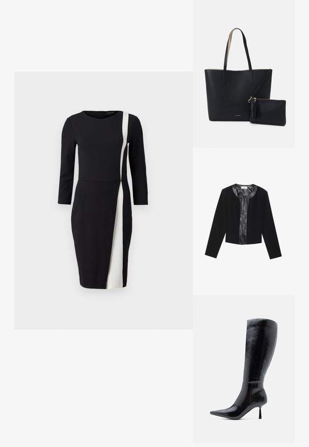 Zwarte cropped jas met lange mouwen, met een gladde leren voorpaneel en een getextureerd stoffen lichaam. Ronde halslijn, geen sluitingen.; Zwarte jurk met driekwartmouwen, voorzien van een witte diagonale streep. Gemaakt van gladde stof, met een aansluitende taille en een knielange snit.; Zwarte kniehoge stiletto laarzen met een glanzende leren afwerking, puntige neus en slanke tapse hak, met een glad oppervlak en een stijlvolle design.; Zwarte totebag van gestructureerd materiaal, met twee lange handvatten en een afneembare tas met rits voorzien van een franjesdetail. Gouden merklogo zichtbaar.