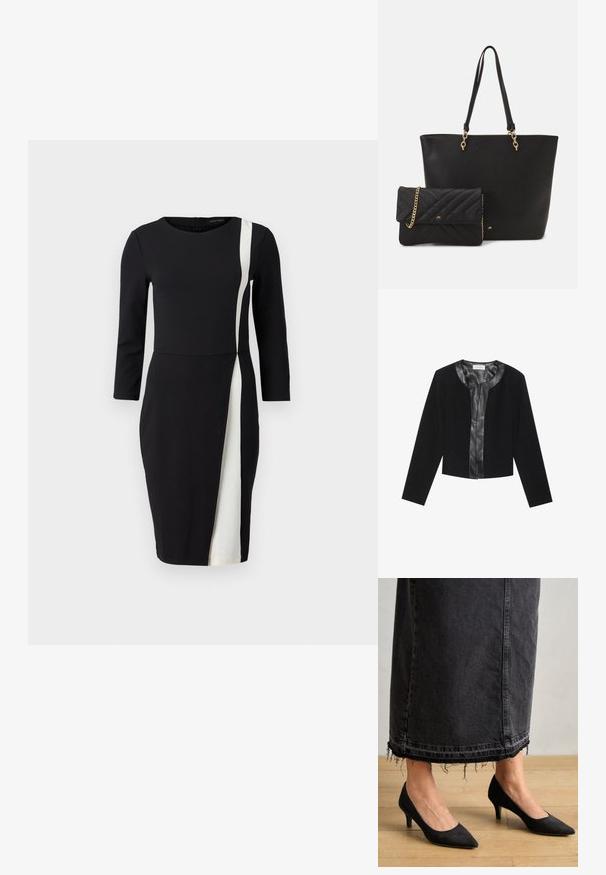 Zwarte cropped jas met lange mouwen, met een gladde leren voorpaneel en een getextureerd stoffen lichaam. Ronde halslijn, geen sluitingen.; Zwarte jurk met driekwartmouwen, voorzien van een witte diagonale streep. Gemaakt van gladde stof, met een aansluitende taille en een knielange snit.; Zwarte suède pumps met een spitse neus en een hak van 7,5 cm, in combinatie met een lange, donkere spijkerrok met rafelige uiteinden.; Zwarte neplederen draagtas met twee stevige handvatten en gouden accenten, gecombineerd met een kleine gequilt zwarte clutch met een kettingband.