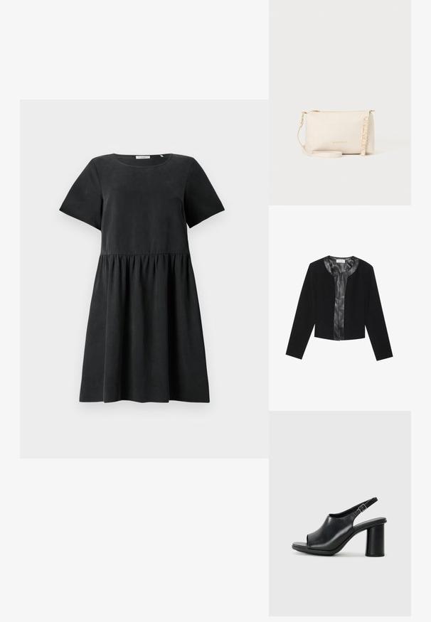 Chaqueta negra corta con mangas largas, con un panel frontal de cuero liso y un cuerpo de tejido texturizado. Cuello redondo, sin cierres.; Vestido negro de manga corta con escote redondo, tela texturizada y cintura fruncida, que crea una silueta acampanada.; Sandalia de tacón de piel negra, con puntera abierta y diseño de tipo slingback, que presenta una silueta redondeada y un tacón cilíndrico grueso. Cuenta con una correa ajustable en el tobillo.; Bolso bandolera Valentino color crema con cremallera dorada, logotipo dorado de la marca y letras doradas formando la palabra Valentino en la correa ajustable.