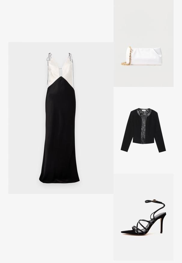 Chaqueta negra corta con mangas largas, con un panel frontal de cuero liso y un cuerpo de tejido texturizado. Cuello redondo, sin cierres.; Vestido largo sin mangas con una falda de satén negra y un top crema, con escote en V y detalles decorativos de lazo en los hombros.; Sandalia negra de tacón alto con puntera punta, tiras finas cruzadas y una correa en el tobillo con hebilla dorada sobre un fondo claro y liso.; Bolso de mano suave blanco con correa de cadena dorada adornada con piedras preciosas transparentes, sobre un fondo liso de color gris claro.