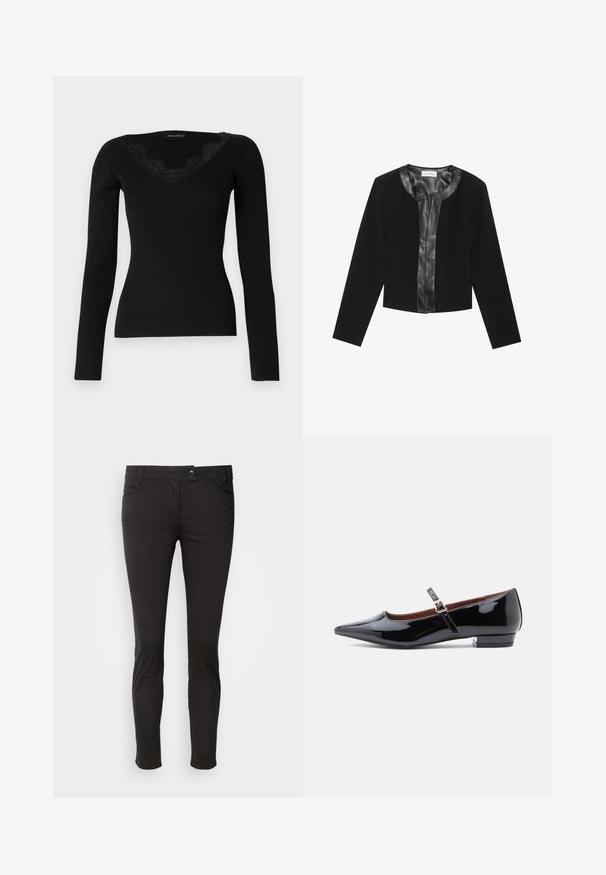 Chaqueta negra corta con mangas largas, con un panel frontal de cuero liso y un cuerpo de tejido texturizado. Cuello redondo, sin cierres.; Top negro de manga larga de canalé con escote en V y detalles de encaje. La textura de la tela parece suave y ajustada, adecuada para combinar en capas.; Pantalones ajustados negros hechos de una mezcla de algodón elástico. Cuenta con cinco bolsillos, cierre de botón en la parte delantera y piernas ligeramente ajustadas.; Zapato plano Mary Jane de charol negro con punta afilada y tacón bajo, con una correa ajustable y hebilla dorada.