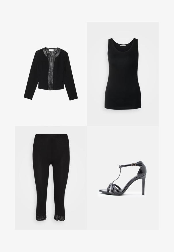 Chaqueta negra corta con mangas largas, con un panel frontal de cuero liso y un cuerpo de tejido texturizado. Cuello redondo, sin cierres.; Camiseta sin mangas negra, hecha de tela suave, presenta un clásico escote redondeado y un diseño ajustado. Sin patrones ni acentos.; Leggings negros con un ajuste ceñido, que presentan un borde de encaje en el dobladillo. Fabricados con un material suave y elástico para mayor comodidad y flexibilidad.; Sandalia de tacón alto de charol negro con correas finas, diseño en forma de T, cierre de hebilla y una silueta curva y elegante.