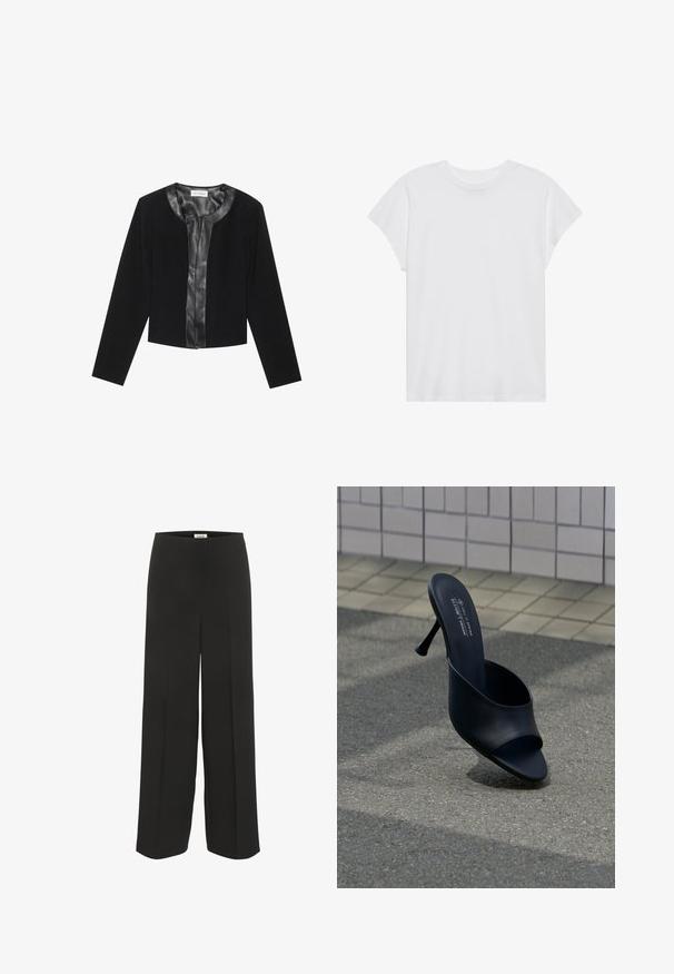 Sort cropped jakke med lange ærmer, der har et glat læderforreste panel og en tekstureret stofkrop. Rund halsudskæring, ingen lukninger.; Hvid kortærmet t-shirt med rund hals, afslappet pasform, lavet af blødt bomuldsstof. Glat tekstur, ingen mønstre eller logoer.; Sorte bukser med vid ben, høj talje og subtile pressede detaljer, designet til en afslappet og elegant pasform.; Sort mule med åben tå og slank høj hæl, placeret på asfalt nær en beige væg med firkantede fliser, med tekst på indersålen, der beskriver mærket og det veganske materiale.