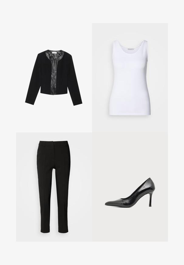 Veste noire courte avec des manches longues, présentant un panneau avant en cuir lisse et un corps en tissu texturé. Encolure ronde, sans fermetures.; Débardeur blanc en tissu lisse et extensible. Il possède un décolleté arrondi et des bretelles larges. L'ourlet se situe juste en dessous de la taille. Sans motifs ni accents.; Pantalons noirs ajustés avec une coupe slim, devant plat et sans poches visibles, offrant une texture lisse et une finition soignée au bas.; Chaussure à talon haut pour femme en cuir verni noir avec bout pointu et talon fin sur fond clair uni.
