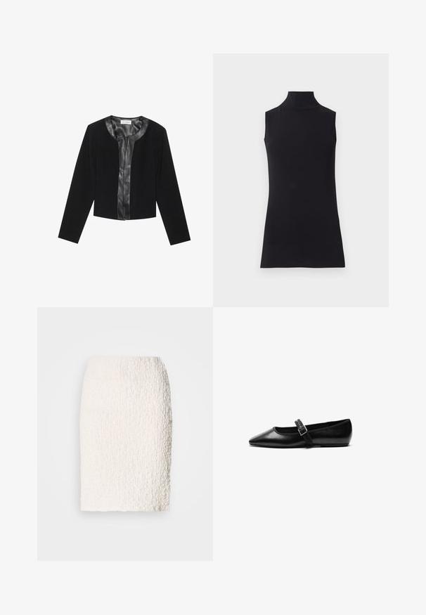 Veste noire courte avec des manches longues, présentant un panneau avant en cuir lisse et un corps en tissu texturé. Encolure ronde, sans fermetures.; Haut sans manches noir en col roulé, fabriqué à partir d'un tissu lisse. Design ajusté avec un col haut et un ourlet droit, minimaliste et de couleur unie.; Jupe crayon blanche texturée avec une surface légèrement duveteuse, longueur genoux, présentant un design ajusté et sans fermetures ni embellissements visibles.; Chaussure noire plate en cuir avec un bout pointu, bride réglable avec une boucle en métal, texture lisse et design minimaliste.