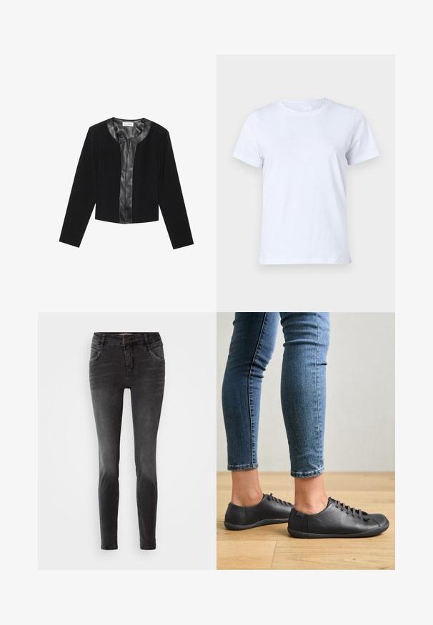 Zwarte cropped jas met lange mouwen, met een gladde leren voorpaneel en een getextureerd stoffen lichaam. Ronde halslijn, geen sluitingen.; Witte katoenen T-shirt, korte mouwen, klassiek ronde hals ontwerp, effen textuur zonder patronen of accenten, standaard pasvorm, eenvoudig en veelzijdig.; Zwarte skinny jeans van denim, met een frontale knoopsluiting, gestudeerde details op de zakken en een gladde textuur.; Zwarte leren schoenen met een ronde neus, lage profiel en vetersluiting. Gecombineerd met blauwe, aansluitende jeans en een houten vloer als achtergrond.