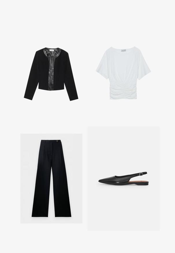 Veste noire courte avec des manches longues, présentant un panneau avant en cuir lisse et un corps en tissu texturé. Encolure ronde, sans fermetures.; Haut blanc à manches courtes avec une coupe décontractée, présentant un design froncé à la taille et une texture de tissu lisse. Étiquette : Anna Field.; Pantalon noir à jambes larges, taille haute, fermeture boutonnée à l’avant, avec passants de ceinture, présenté sur fond blanc.; Chaussure slingback en cuir noir avec un bout pointu, un léger éclat et une bride de cheville réglable. Talon plat avec une semelle intérieure marron.