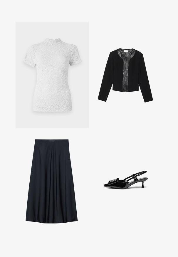 Sort cropped jakke med lange ærmer, der har et glat læderforreste panel og en tekstureret stofkrop. Rund halsudskæring, ingen lukninger.; Hvid bluse i blonder med korte ærmer og en høj, scallop-formet halsudskæring. Blomster mønster hele vejen igennem, semi-gennemsigtigt stof med en struktureret overflade.; Sort, knælang nederdel lavet af letvægtsstof med et svævende design. Har en glat tekstur og subtile plisseringer for en ekstra detalje.; Sorte patenterede læderslingbacks med spids tå, en sløjfedetalje foran og en lille stilettohæle. Remmene har justerbare spænder.