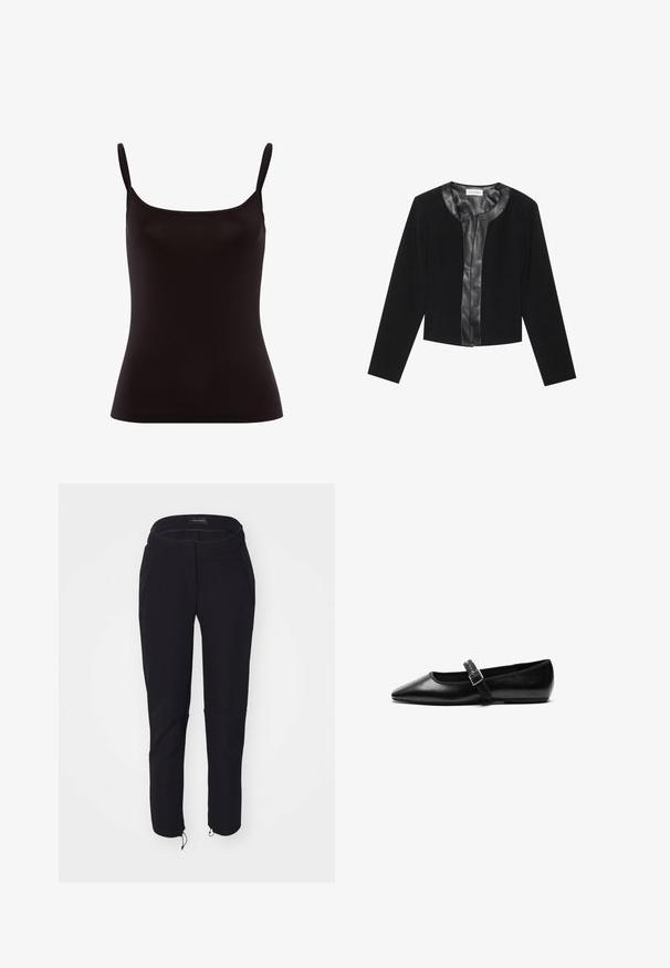 Sort cropped jakke med lange ærmer, der har et glat læderforreste panel og en tekstureret stofkrop. Rund halsudskæring, ingen lukninger.; Sorte camisole-top med tynde stropper, lavet af glat stof. Har en tætsiddende design og en rund halsudskæring, uden mønstre eller dekorationer.; Sorte bukser med en glat tekstur, der har et tætsiddende design, elastisk talje, to lommer og justerbare manchetter med snore.; Sorte flade sko lavet af læder med spidse tæer, justerbar rem med metalspænde, glat tekstur og minimalistisk design.