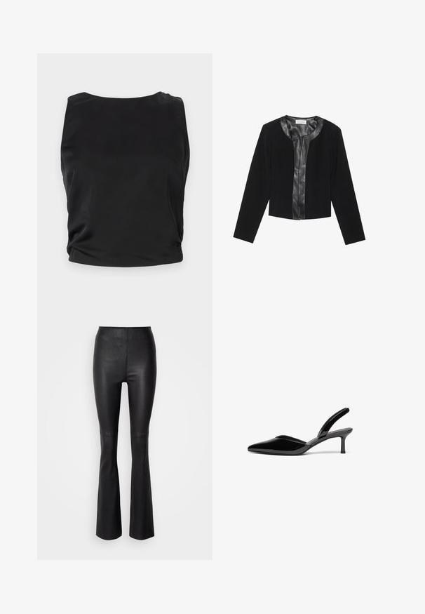 Veste noire courte avec des manches longues, présentant un panneau avant en cuir lisse et un corps en tissu texturé. Encolure ronde, sans fermetures.; Débardeur noir sans manches avec une texture lisse et brillante ; il présente un col rond et des détails froncés sur les côtés pour une silhouette ajustée.; Pantalons évasés noirs en simili cuir lisse, dotés d'une taille haute et de coutures au-dessus du genou.; Escarpins à talon aiguille en cuir verni noir, avec un bout pointu, un talon aiguille bas et un design élégant et simple sans embellissements.