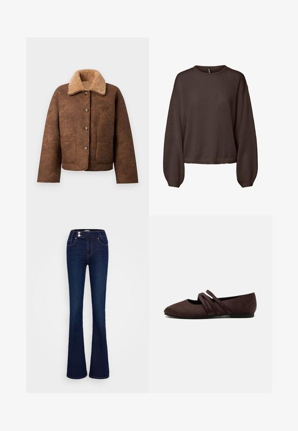Chaqueta de mezcla de lana marrón con un collar de piel sintética beige, botones en la parte delantera, dos bolsillos en el pecho y un corte relajado. Superficie exterior texturizada.; Jersey marrón de punto de manga larga con cuello redondo acanalado, corte holgado y dobladillo ligeramente recortado, mostrado sobre un fondo blanco liso.; Vaqueros azules oscuros acampanados hechos de mezclilla, con cintura alta, dos bolsillos delanteros y cierre de cremallera y botón con costuras en contraste.; Zapato plano marrón con punta afilada y dos finas tiras cruzadas sobre el empeine, detalles visibles de costura y un tacón bajo.