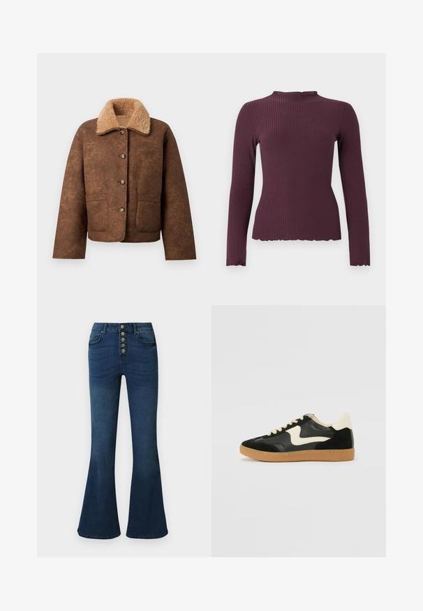 Veste en mélange de laine marron avec un col en fausse fourrure beige, boutons à l'avant, deux poches poitrine et coupe décontractée. Surface extérieure texturée.; Haut à manches longues en maille côtelée prune foncée avec un col rond légèrement froncé et un ourlet, silhouette ajustée.; Jeans évasés en denim bleu foncé avec une taille haute et une fermeture à cinq boutons sur le devant. Texture lisse avec un léger délavage et des détails de couture subtils.; Baskets en daim et cuir noir avec un swoosh latéral crème et un talon crème clair. Dotées de lacets beige et d'une semelle en caoutchouc gomme.
