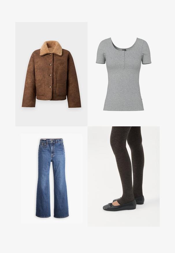 Brun uldblandingsjakke med en beige faux shearling krave, frontknapper, to brystlommer og en afslappet pasform. Struktureret yderside.; Grå ribbet kortærmet top med en rund Halsudskæring og fire små knapper ned foran midt på.; Højtaljede blå denimjeans med bred ben-design, som har en frontlomme, messingknaplukning og kontrastsyninger.; Ben iført mørke ribbede leggings kombineret med sorte balletsko med små sløjfedetaljer på hvid baggrund.