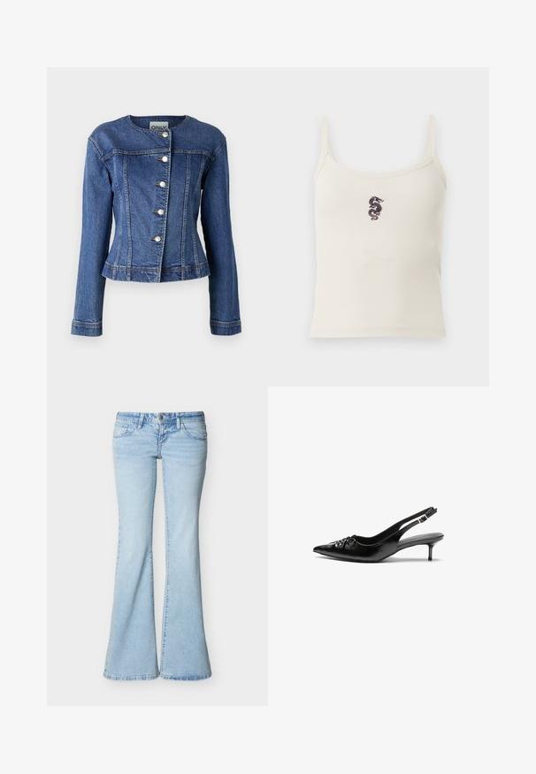 Chaqueta de mezclilla en azul oscuro, con un cuello redondo, mangas largas, cinco cierres de botón y un ligero deshilachado en el dobladillo.; Camiseta de tirantes finos de canalé blanca con un pequeño diseño bordado en negro de un dragón centrado en el pecho.; Pantalones vaqueros de mezclilla azul claro con cintura alta, cierre de botón y cremallera, bolsillos delanteros y traseros, y piernas anchas acampanadas.; Tacones slingback de cuero negro con punta puntiaguda, tacón bajo de estilo kitten y detalle fruncido en el empeine. Textura suave y diseño minimalista.