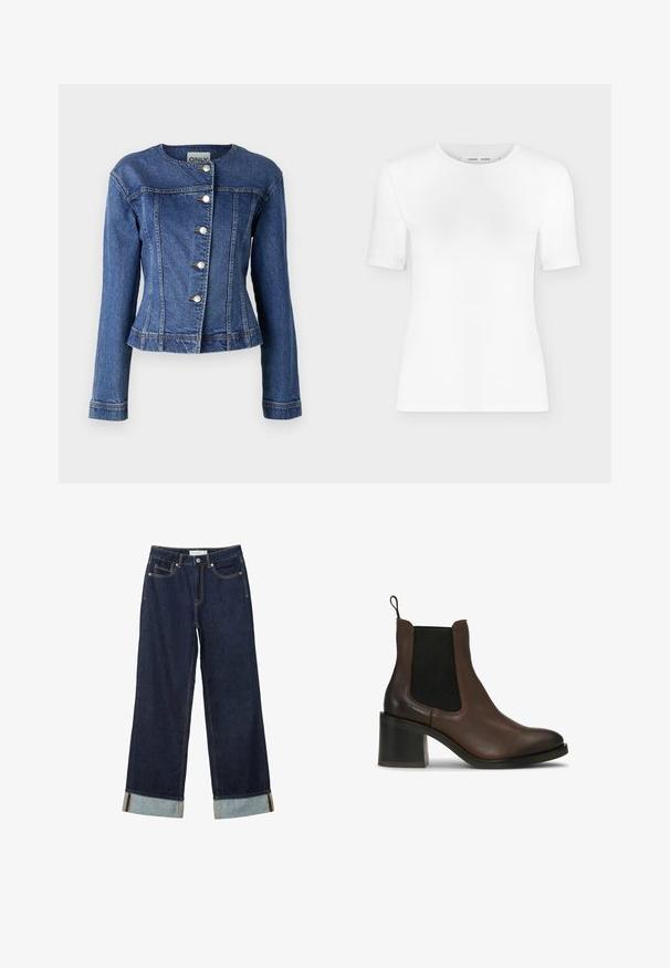 Takit denim tummansinisena, jossa on pyöreä kaula-aukko, pitkät hihat, viisi nappisuljinta ja hieno kuluminen helmassa.; Valkoinen lyhythihainen pyöreäkauluksinen t-paita, kapealla istuvuudella ja ribbineuloksisella kankaalla, esitetty yksinkertaisella vaaleanharmaalla taustalla.; Tummansinisiä leveälahkeisia farkkuja, joissa on korkea vyötärö, käännetyt lahkeet, kontrastiväriset ompeleet ja viisi taskua. Valmistettu denim-kankaasta.; Ruskeat nahkaiset nilkkurit, joissa on joustavat sivupaneelit, paksu korko, sileä pinta ja vetokahva helppoa pukemista varten.