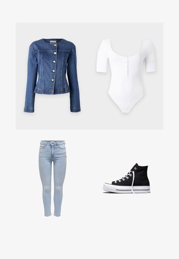 Takit denim tummansinisena, jossa on pyöreä kaula-aukko, pitkät hihat, viisi nappisuljinta ja hieno kuluminen helmassa.; Valkoinen ribbineulottu body pyöreällä pääntiellä, lyhyillä hihoilla ja neljällä etunapilla yksivärisellä vaalealla taustalla.; Vaaleansiniset skinny-farkut, jotka on valmistettu denimistä ja joissa on vetoketjusuljenta, viisi taskua sekä sileä pinta, jossa on minimaalista haalistumista.; Musta korkeavartinen kangastennari, jossa valkoinen kumipohja ja valkoiset nauhat, esitetty sivusta valkoisella taustalla.