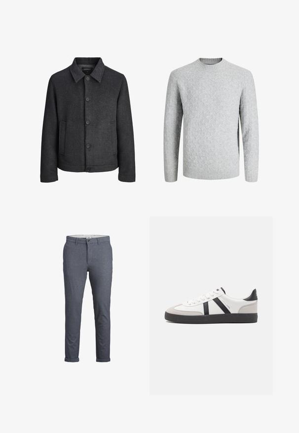 Veste en tissu texturé, de couleur gris foncé, avec un motif en chevron. Elle présente un col à rabat, cinq boutons sur le devant et des poches latérales.; Pull gris clair en maille avec motif losange, col rond, poignets et ourlet côtelés, manches longues, adapté par temps froid.; Pantalons pour hommes ajustés en motif chevron bleu foncé, avec fermeture à bouton, design épuré et ourlets retournés. Réalisés en tissu léger.; Baskets blanches avec des accents noirs et gris, présentant un embout texturé gris, une semelle en caoutchouc noir et des lacets plats blancs. Design épuré, style minimaliste.