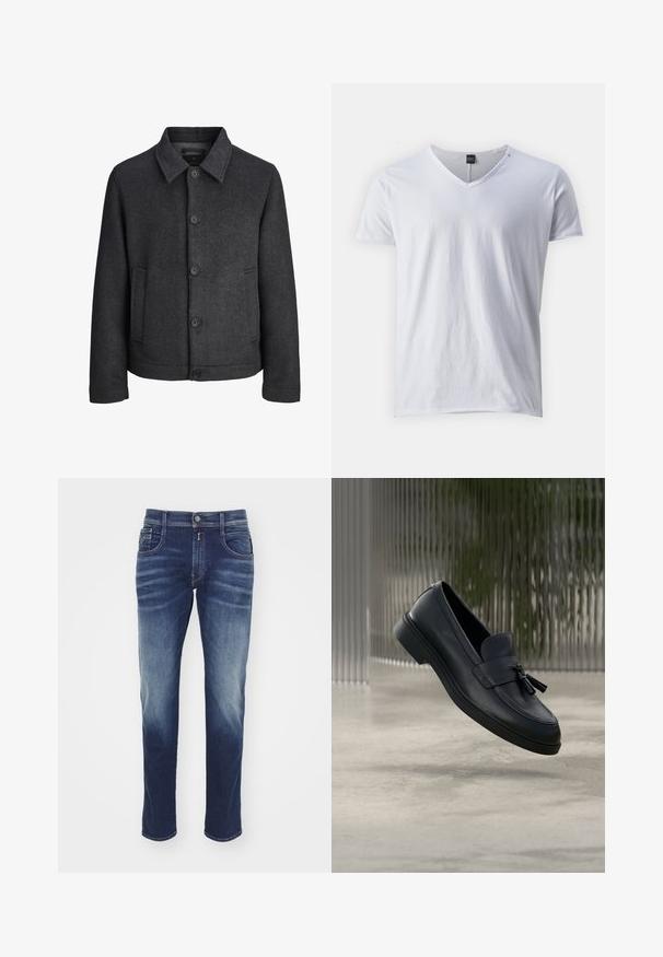 Dunkelgraue Jacke mit Fischgrätenmuster, featuring einen umklappbaren Kragen, fünf Vorderknöpfen und Seitentaschen. Hergestellt aus strukturiertem Stoff.; Weißes Kurzarm-V-Neck-T-Shirt aus weicher Baumwolle, das einen lässigen Schnitt und eine glatte Textur aufweist, mit einem kleinen Markenlabel am Ausschnitt.; Dunkelblaue Jeans aus Denim mit geradem Bein, leichter Ausbleichung, fünf Taschen, Knopfverschluss und genähten Akzenten entlang der Nähte.; Schwarze Leder-Loafer mit glatter Textur, gerundeter Zehenpartie und dekorativen Quasten vorne. Flexible Gummisohle mit niedrigem Absatz.