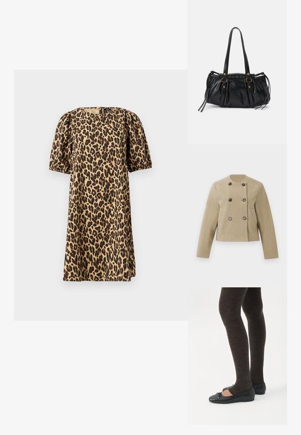 Chaqueta corta beige con mangas largas, cuello redondo, botones oscuros de doble botonadura y bolsillos laterales sobre un fondo blanco.; Vestido de estampado leopardo fabricado en tejido suave. Presenta un cuello redondo, mangas cortas abullonadas y una silueta en A. Los colores incluyen marrón claro y negro.; Piernas con leggings oscuros acanalados combinados con bailarinas negras que presentan pequeños detalles de lazo sobre un fondo blanco.; Bolso de mano de cuero negro con forma redondeada, asas dobles, acentos de hardware decorativo y detalles de lazo en los laterales. Textura lisa y brillante.