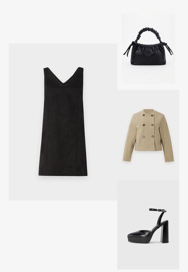 Beige cropped jakke med lange ærmer, rund halsudskæring, dobbeltknaplukning med mørke knapper og sidelommer på en hvid baggrund.; Sort ærmeløs kjole med V-udskæring, fremstillet af et blødt materiale, med en lige pasform og minimal detaljering. Glat tekstur.; Sorte platformhæle med spidse tæer og justerbar ankelrem. Construeret i glat læder, med en kraftig blokhæl.; Sort taske med krokodilletekstur, rynket øverste kant, samlet hank og snore med kvaster på hver side mod en hvid baggrund.