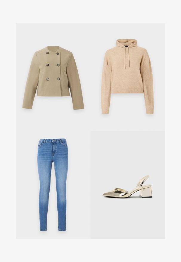 Beige cropped jakke med lange ærmer, rund halsudskæring, dobbeltknaplukning med mørke knapper og sidelommer på en hvid baggrund.; Beige cropped striktrøje med lange ærmer og snorhætte, præsenteret på en hvid baggrund.; Slanke jeans i lyseblå denim med mellemhøj talje, fem-pockets design og tonal syning med en glat tekstur.; Guld, metalliske slingback-hæle med spids tå og kraftig hæl. Glat tekstur, minimalistisk design og en smal strop.
