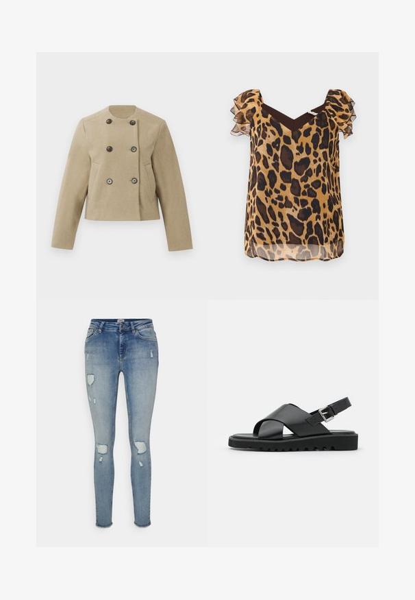 Veste beige cropped avec des manches longues, un col rond, des boutons sombres à double boutonnage et des poches latérales sur fond blanc.; Blouse en imprimé léopard en tissu transparent, avec des manches courtes à volants, un col en V et un accent marron aux épaules.; ONLY Tall ONLBLUSH - Jeans Skinny - light blue denim; Sandales en cuir noir avec un design à lanières croisées, boucle réglable et semelle texturée avec des crans pour une meilleure adhérence.