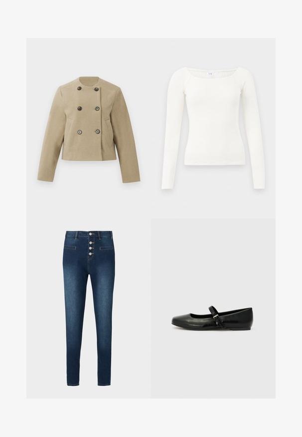 Veste beige cropped avec des manches longues, un col rond, des boutons sombres à double boutonnage et des poches latérales sur fond blanc.; Haut en rib à manches longues blanc avec un décolleté carré, fabriqué en tissu doux. Présente un design ajusté et des ourlets sans coutures pour un look épuré.; Jean en denim bleu foncé avec une taille haute, une fermeture à cinq boutons et deux poches avant. Texture lisse avec des détails de couture contrastants.; Ballerines en cuir noir avec un bout arrondi, une semelle plate et une fine sangle ajustable sur le cou-de-pied avec une boucle en métal.