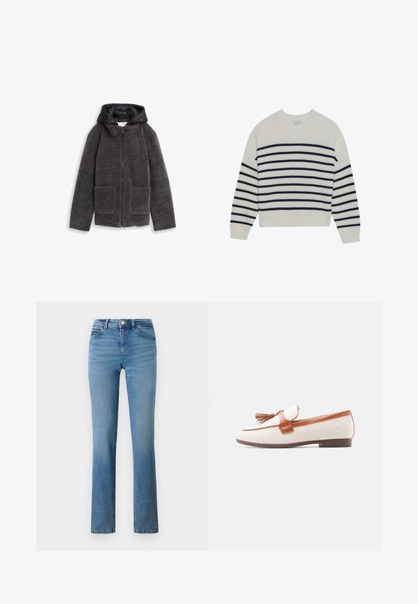 Grå zip-jakke med en tekstureret, fluffy overflade, to forlommer og en sort hætte. Blødt materiale med et højt kravedesign.; Cremefarvet sweater med marineblå vandrette striber, ribbet tekstur, rund halsudskæring og lange ærmer. Løs pasform med cropped design.; Lyseblå denimjeans med lige ben, forsynet med lynlås, knaplukning og syede lommer foran og bagpå.; Dame slip-on loafer i beige stof med brun læderkant, kvastdetalje og brun flad sål, vist fra siden på en hvid baggrund.