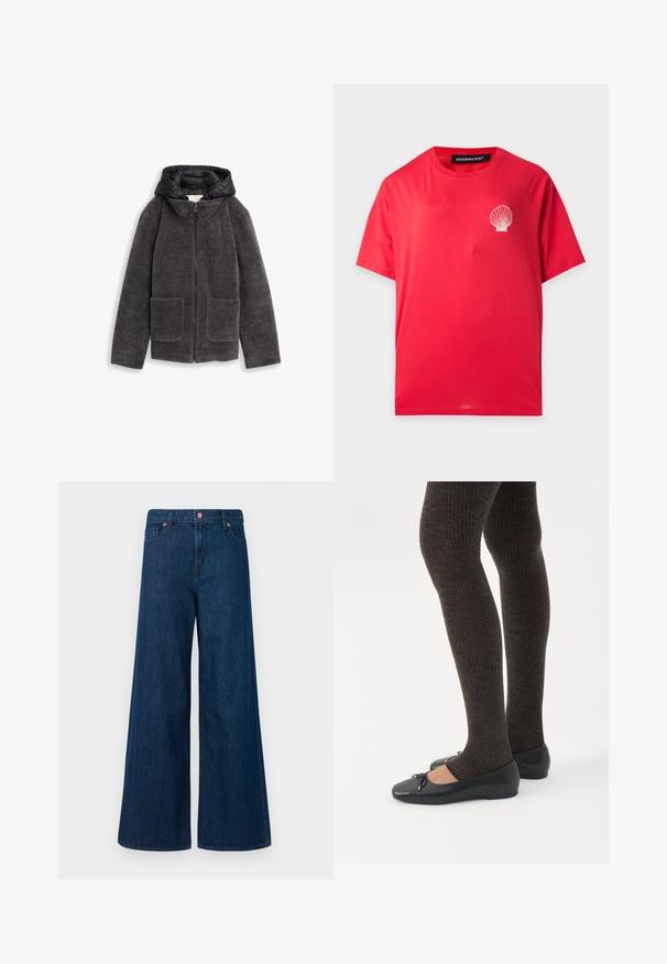 Harmaa vetoketjullinen takki, jossa on karhea, pörröinen pinta, kaksi etutaskua ja musta huppu. Pehmeä materiaali, jossa on korkea kaulus.; Punainen lyhythihainen T-paita, jossa on pieni valkoinen merisiilikuvio vasemmalla rinnalla ja pyöreä pääntie.; Siniset leveälahkeiset farkut, joissa on edessä nappi, vyölenkit ja viisi taskua valkoisella taustalla.; Jalat, joissa tummat ribbineuleiset leggingsit yhdistettynä mustiin balettitossuihin, joissa on pienet rusettikoristeet valkoisella taustalla.