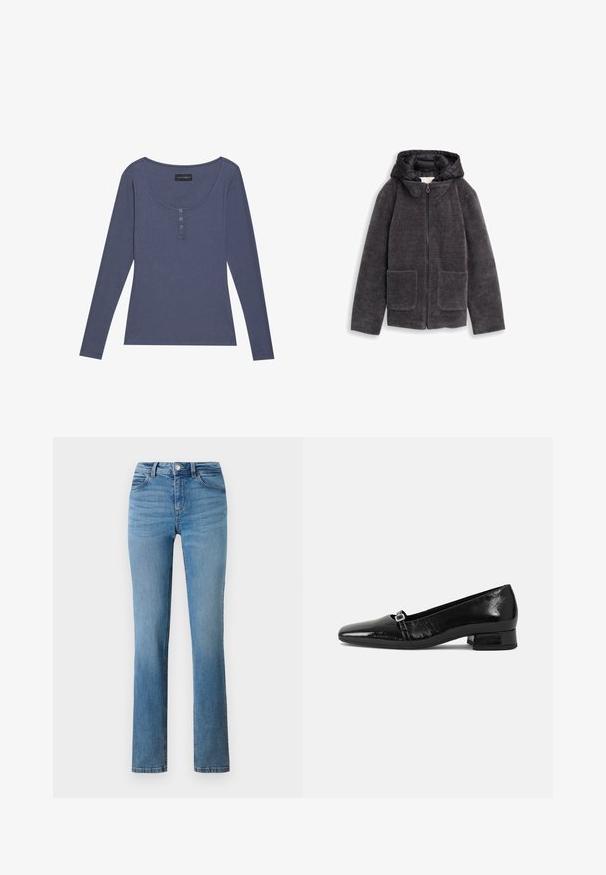 Grå zip-jakke med en tekstureret, fluffy overflade, to forlommer og en sort hætte. Blødt materiale med et højt kravedesign.; Langærmet, ribbet top i mørkeblå med rundet udskæring og tre-knaps lukning foran. Blød tekstur, tætsiddende pasform.; Lyseblå denimjeans med lige ben, forsynet med lynlås, knaplukning og syede lommer foran og bagpå.; Sorte patentlæder balletflade med spids tå, lav firkantet hæl og en lille metallisk spænde detalje på remmen. Glat tekstur.