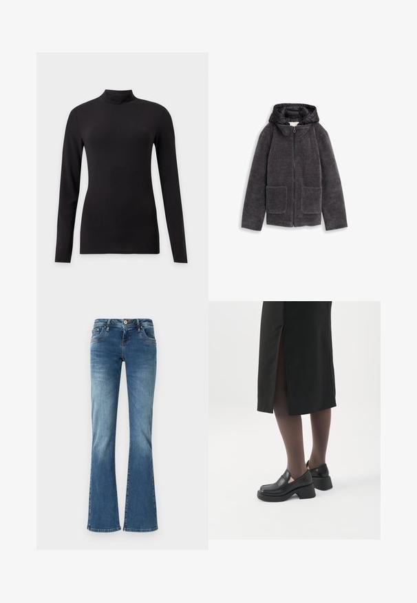 Grå zip-jakke med en tekstureret, fluffy overflade, to forlommer og en sort hætte. Blødt materiale med et højt kravedesign.; Sort tætsiddende top med lange ærmer og høj krave, vist på en ensfarvet lys grå baggrund.; Udsvingende denim jeans i medium blå med kontrastsyet, fem lommer og en klassisk knap- og lynlåslukning.; Kvinde iført sorte loafers med chunky hæl, sorte tynde strømpebukser og en sort nederdel med slids bagpå på hvid baggrund.