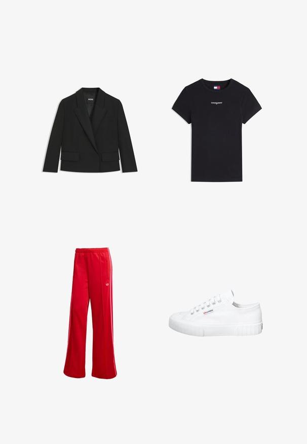 Sort cropped blazer med et struktureret design, skarpe revers, to forlommer og enkeltknapslukning. Lavet af glat stof.; Sort kortærmet ribstrikket bomulds-T-shirt med hvidt "tommyjeans" logo centreret på brystet og lille Tommy Jeans flaglabel inde i kraven.; Røde atletiske bukser med brede ben, elastisk talje og sidelomme med lynlås. Har et lille hvidt logo på venstre side. Glat tekstur.; Hvide lærreds sneakers med rund tå, tekstureret overdel og flad gummisål. Har seks snørrehuller og et logo patch på siden.