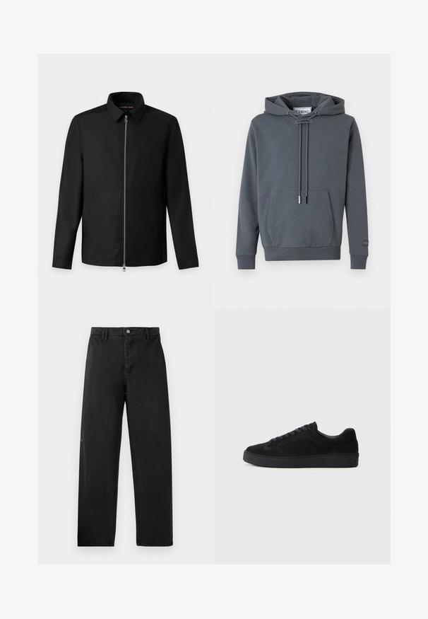 Veste noire à manches longues avec fermeture éclair à l'avant, col et poches latérales, présentée sur fond blanc.; Sweat à capuche gris foncé avec poche kangourou sur le devant, cordons réglables et étiquette "ICEBERG" sur le col et la manche.; Pantalons en denim noir à coupe droite, avec une fermeture à bouton à l'avant et une couture discrète. Texture lisse et branding minimal.; Basket en suède noire avec une semelle plate et texturée, un bout rond, six œillets pour les lacets et un design minimaliste.