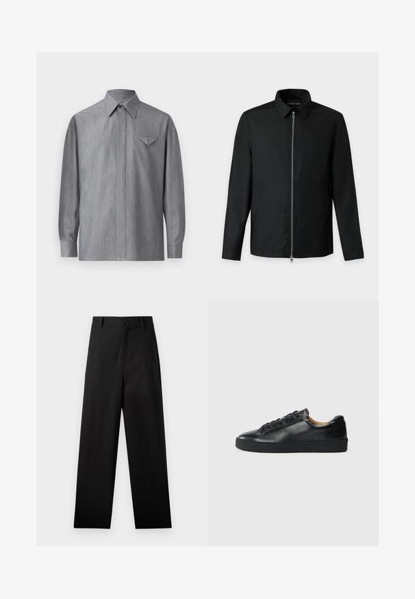 Veste noire à manches longues avec fermeture éclair à l'avant, col et poches latérales, présentée sur fond blanc.; Chemise grise à boutonner avec des manches longues, un col pointu et une poche sur la poitrine gauche avec un détail de rabat triangulaire. Texture lisse.; Pantalons noirs en coton avec une coupe droite, dotés d'une fermeture à bouton à l'avant et de poches latérales. Texture lisse, sans motifs.; Baskets en cuir noir avec une texture lisse, bout rond et fermeture à lacets. Comprend une semelle en caoutchouc épaisse et un minimum de détails de marque.
