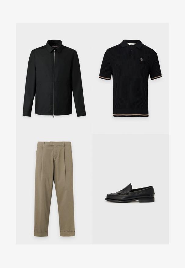 Veste noire à manches longues avec fermeture éclair à l'avant, col et poches latérales, présentée sur fond blanc.; Polo noir côtelé à manches courtes avec trois boutons, rayures beige sur les poignets et l'ourlet des manches, et petit logo "FP" doré sur la poitrine gauche.; Pantalon kaki avec plis, en mélange de coton lisse, présentant une coupe droite et des revers roulés à l'ourlet.; Mocassin en cuir noir avec un détail tissé à l'avant, bout arrondi et petit talon. Texture lisse et design minimaliste.
