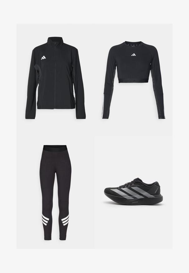 Čierna športová bunda s dlhými rukávmi, stojatým golierom, plným predným zipsom a bielym logom Adidas na ľavej hrudi. Hladký, ľahký materiál.; Čierny krátky športový top s dlhým rukávom vyrobený z hladkej textílie. Obsahuje biele logo na hrudi a pruhované detaily na rukávoch.; Čierne legíny vyrobené z elastického materiálu, s širokým pásom a tromi bielymi horizontálnymi pruhmi blízko dolnej časti nôh.; Čierne bežecké topánky so striebornými pruhmi, s hrubou polstrovanou podrážkou označenou "Lightstrike Pro," bočný pohľad na bielom pozadí.