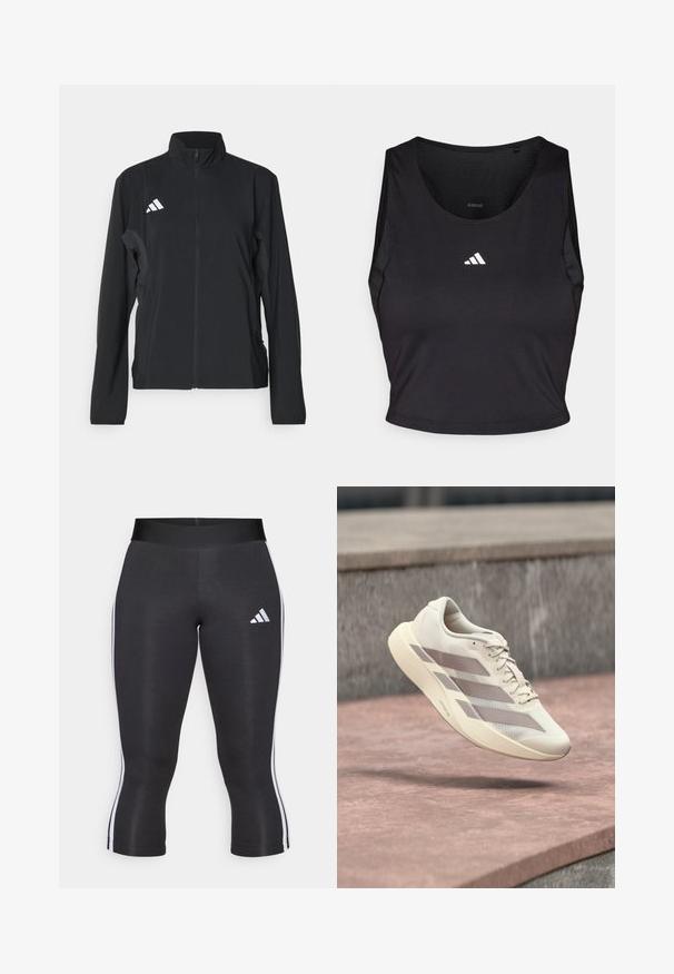 Sort atletisk jakke med lange ærmer, ståkrave, fuld frontlynlås og hvid Adidas-logo på venstre bryst. Glat, let stof.; Sort sports crop top lavet af fugttransporterende stof, med rund hals, ærmeløs design og hvidt logo på brystet.; Sorte capri leggings med en bred talje, udstyret med hvide sideløsninger og et hvidt Adidas-logo på venstre lår. Glat tekstur.; Kremfarvet løbesko med taupe-striber, der svæver over en rødbrun flisebelagt overflade og en grå stenmurstensbaggrund.