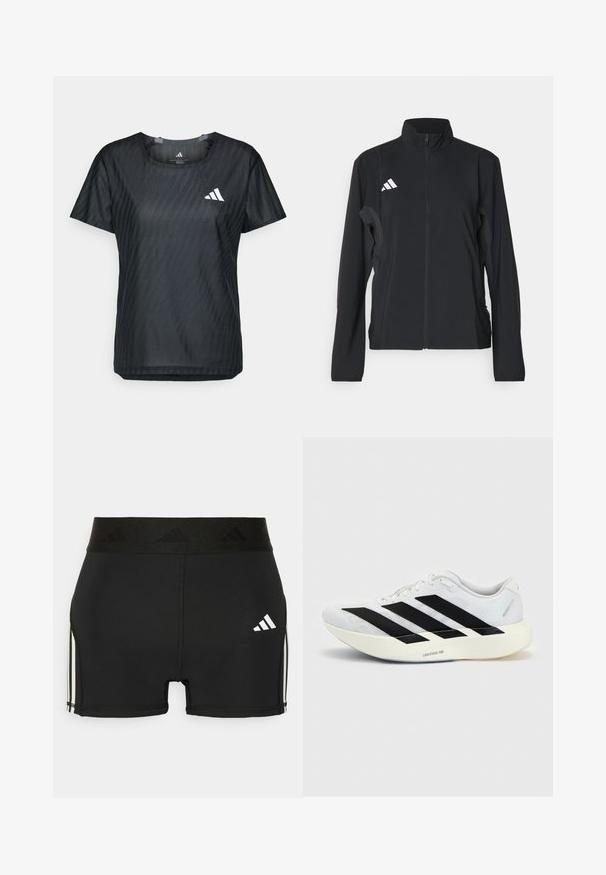 Čierna športová bunda s dlhými rukávmi, stojatým golierom, plným predným zipsom a bielym logom Adidas na ľavej hrudi. Hladký, ľahký materiál.; Čierne atletické tričko s okrúhlym výstrihom, krátkymi rukávmi a textúrovanou látkou s jemným vzorom. Na prednej strane má biele logo.; Čierne športové šortky vyrobené z elastického materiálu. Majú široký čierny pás s embosovaným logom a biele bočné pruhy.; Biela bežecká topánka s čiernym dizajnom so tromi pruhmi na boku a hrubou bielou podrážkou označenou "Lightstrike Pro" na jednofarebnom pozadí.