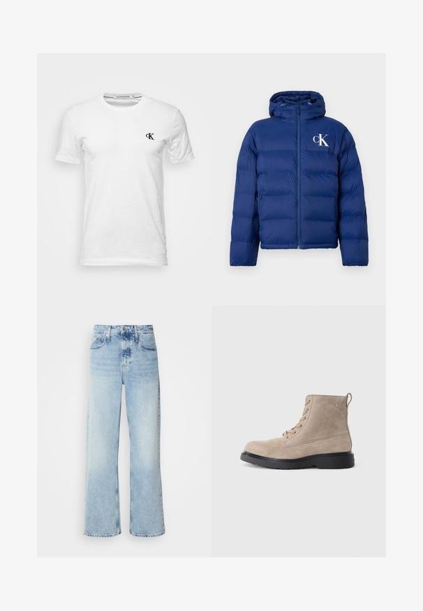Marineblaue Steppjacke mit Kapuze, Frontreißverschluss, Seitentaschen und weißem "cK"-Logo auf der linken Brust.; Weißes T-Shirt mit kurzen Ärmeln und Rundhalsausschnitt mit kleinem schwarzem "CK"-Logo auf der linken Brust, Marke Calvin Klein Jeans, Größe Medium.; Helle blaue weite Jeans mit hoher Taille, in verwaschenem Finish, mit Gürtelschlaufen und klassischem Fünf-Taschen-Design. Der Saum ist ungesäumt.; Beige Wildleder-Ankle Boots mit schwarzer Gummisohle, Schnürdesign und kleinem, seitlich eingeprägtem Logo, ausgestattet mit einer Zuglasche am Hinterkopf.