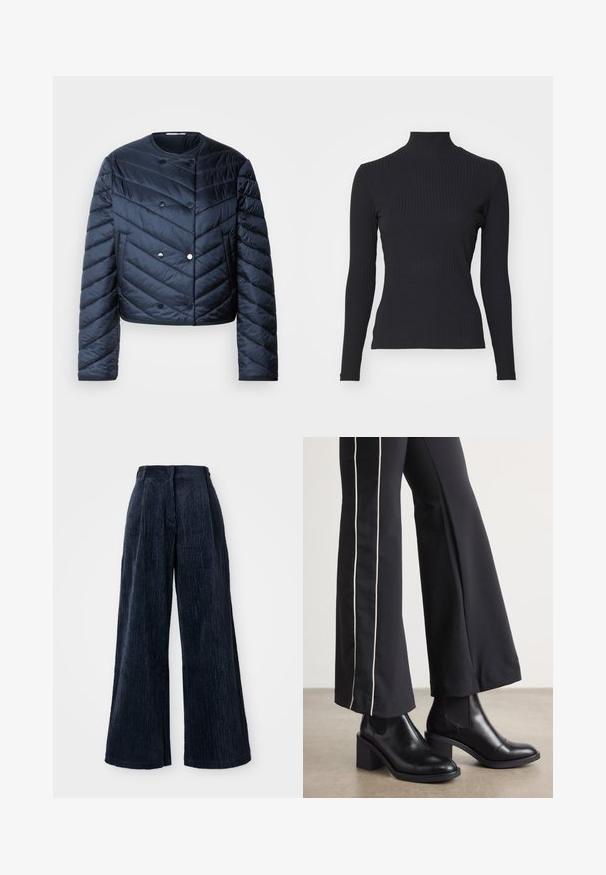 Chaqueta de plumas de color azul marino con diseño cropped, acolchado en forma de chevron, botones dobles y bolsillos laterales. Textura suave y brillante.; Top negro de cuello alto con costillas y mangas largas. Fabricado con una tela elástica con forma ajustada y cuello alto. Diseño simple sin adornos.; Pantalones de pana de pierna ancha en azul marino oscuro. Presentan una textura de ribetes verticales y una cinturilla alta, ofreciendo un ajuste estructurado y holgado.; Botines de cuero negro con tacón cuadrado, con paneles laterales elásticos. Combinados con pantalones negros que tienen una franja blanca lateral.