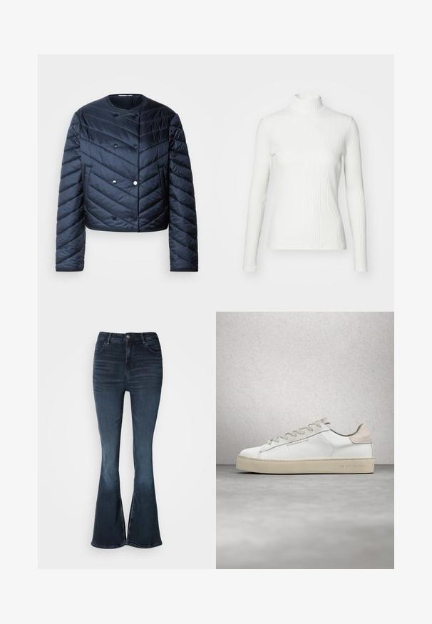 Marineblå pufferjakke med cropped design, chevron quiltning, dobbeltknaplukning og sidelommer. Glat, shiny overflade.; Hvid ribbet turtleneck blouse med lange ærmer, lavet af elastisk stof. Har et tætsiddende design og høj hals for god dækning.; Mørkeblå denim flare jeans med høj talje, knaplukning, forlommer og subtilt falmede detaljer på lår og knæ.; Hvide lædersneakers med en glat overflade, beige ruskindsdetaljer, rund tå, flad snørebåndsdesign og en struktureret gummisål.