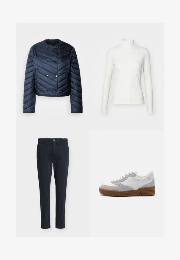 Marineblå pufferjakke med cropped design, chevron quiltning, dobbeltknaplukning og sidelommer. Glat, shiny overflade.; Hvid ribbet turtleneck blouse med lange ærmer, lavet af elastisk stof. Har et tætsiddende design og høj hals for god dækning.; Mørkeblå mænds slim-fit afslappede bukser med knaplukning og bæltestropper, vist på en ensfarvet lysegrå baggrund.; Lave sneakers med en overdel i hvid læder og grå ruskind, struktureret grå panel og en lysebrun gummisål.
