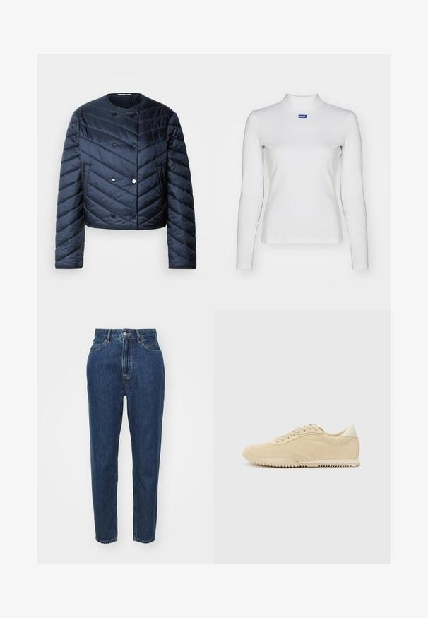 Marineblauwe pufferjack met een cropped ontwerp, chevron quiltpatroon, dubbelrijgknopen en zijzakken. Gladde, glanzende textuur.; Witte lange mouw turtleneck top van rekbare stof, met een strakke pasvorm en een klein blauw logo op de borst.; Denim jeans met een hoge taille, rechte pijpen, donkerblauwe kleur, klassiek vijf-pocket ontwerp en een metalen knoopsluiting.; Beige nubuck sneaker met vetersluiting, gestructureerde bovenkant, contrasterende rubberen zool en een lichte hak. Minimalistische stijl met subtiele branding.