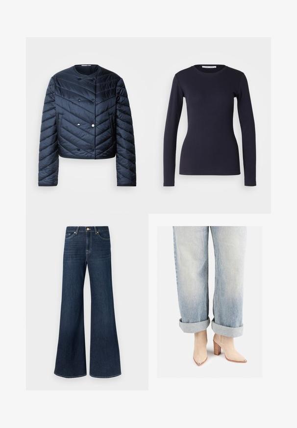 Marineblå pufferjakke med cropped design, chevron quiltning, dobbeltknaplukning og sidelommer. Glat, shiny overflade.; Marineblå langærmet T-shirt lavet af blødt bomuld. Har rund hals, tætsiddende form og ribbet tekstur. Simpelt og ensfarvet design.; Vidde-ben mørk denim jeans med høj talje, der har forlommer og guldfarvet hardware. Glat tekstur og jævn farve over det hele.; Beige ruskinds ankelstøvler med spids tå og metallisk hældetalje, parret med lysblå opkrøllede denimjeans.