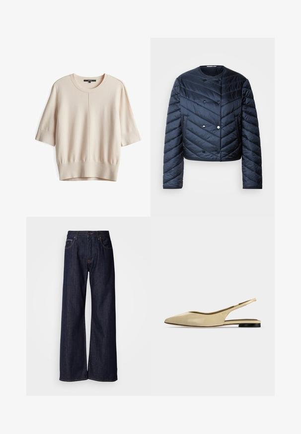 Marineblaue Steppjacke mit cropped Design, Zickzack-Steppung, Doppelknopfverschluss und seitlichen Taschen. Glatte, glänzende Textur.; Heller beiger Kurzarmpullover mit Rundhalsausschnitt, gerippten Bündchen und Saum; bietet ein glattes, strukturiertes Strickmuster und eine zentrale Nahtdetails.; Weite dunkelblaue Jeans mit hoher Taille, vorderen Taschen und subtilen Nähdetails. Glatte Textur mit klassischem Schnitt.; Beiger Slingback-Ballerina mit spitzer Kappe, niedrigem schwarzem Absatz und glattem Lederfinish, seitlich auf einfarbigem Hintergrund gezeigt.
