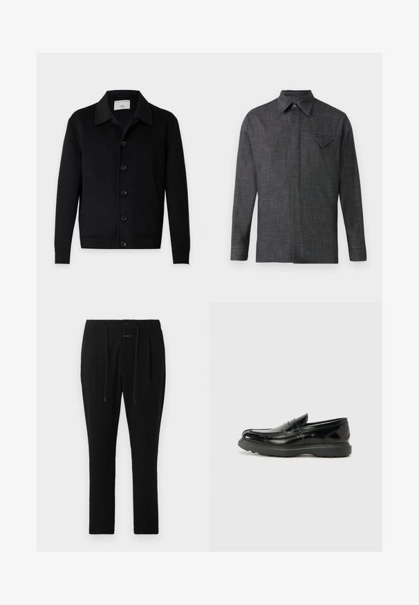 Veste noire à manches longues avec boutons, col et deux poches avant, étiquetée Tiger of Sweden.; Chemise grise à manches longues en tissu texturé. Elle présente un col pointu et une petite poche sur la poitrine avec un rabat triangulaire.; CLOSED VIGO TAPERED - Chino - dark night; Mocassin en cuir noir avec une finition brillante, bout arrondi, détails de couture subtils et semelle en caoutchouc épaisse pour la durabilité.