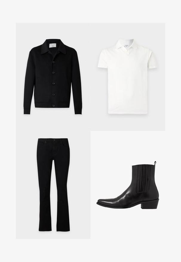 Veste noire à manches longues avec boutons, col et deux poches avant, étiquetée Tiger of Sweden.; Polo blanc à manches courtes avec col et une petite étiquette à l'intérieur du col indiquant « FILIPPA K », présenté sur un fond clair uni.; Jean noir coupe droite avec bouton à l’avant et passants pour ceinture, présenté à plat sur un fond clair.; Bottine noire en cuir avec un bout pointu, des panneaux latéraux élastiques, des accents de coutures verticales et un petit talon bloc.