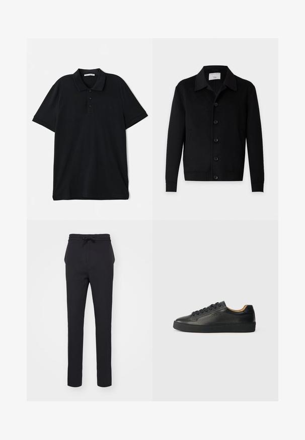 Sort langærmet knapjakke med krave og to forlommer, mærket Tiger of Sweden.; Sort polo shirt lavet af bomuld, med en klassisk krave, tre-knaps lukning, korte ærmer og en diskret logo detaljer på forsiden.; Sorte, tætsiddende bukser lavet af et blødt stof. Har en elastisk talje med snore og sidelommer med en glat overflade.; Sorte lavtop lædersneakers med tekstureret overflade, sorte snørebånd og tyk gummisål, vist fra siden på en lys baggrund.